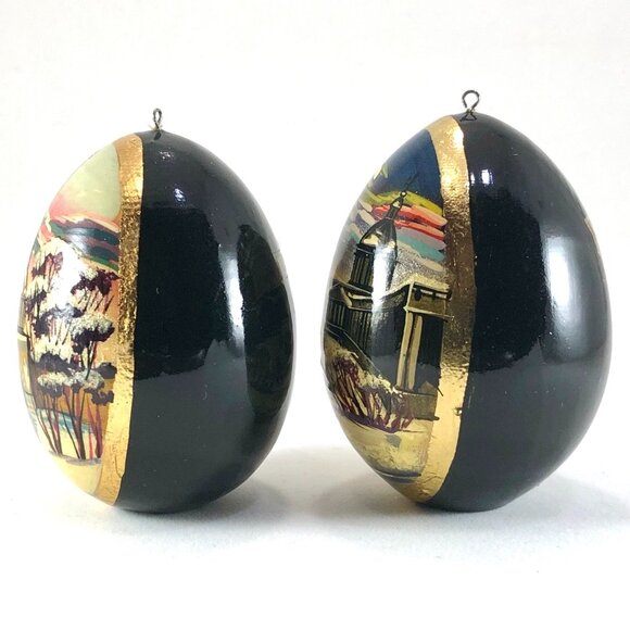 Russian Hand Painted Wooden Eggs Orthodox Christian black lacquer ornaments - Picture 5 of 12